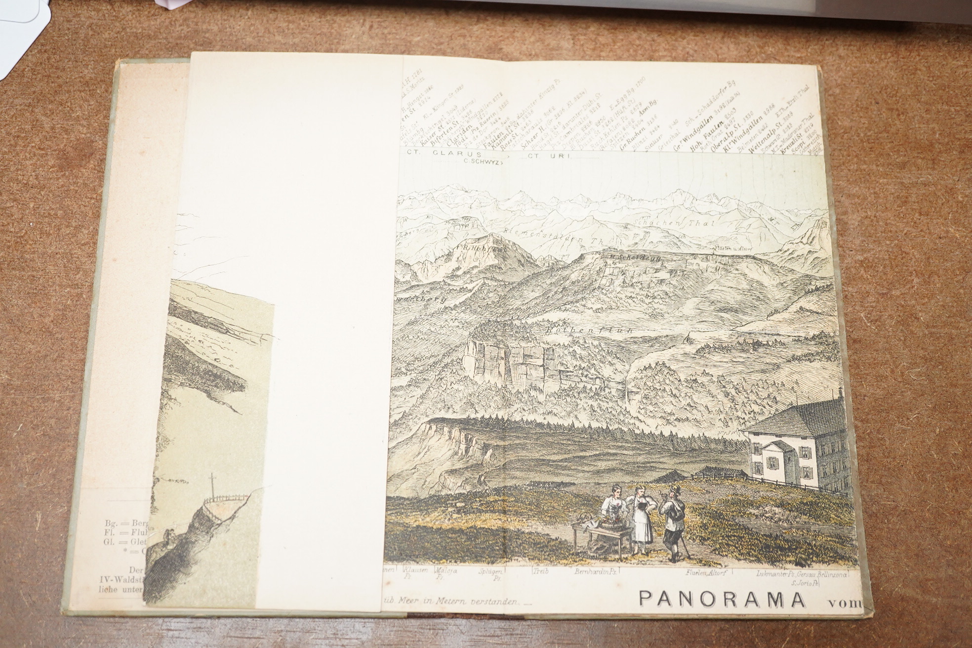 Panorama vom Rigi-Kulm. (Natur-Trenestes) aufgennomen von Hri Keller von Zurich. coloured pictorial, folded, and printed on both sides, extensive locational letterpress along upper borders, extends 20 x 85cms. (approx.)